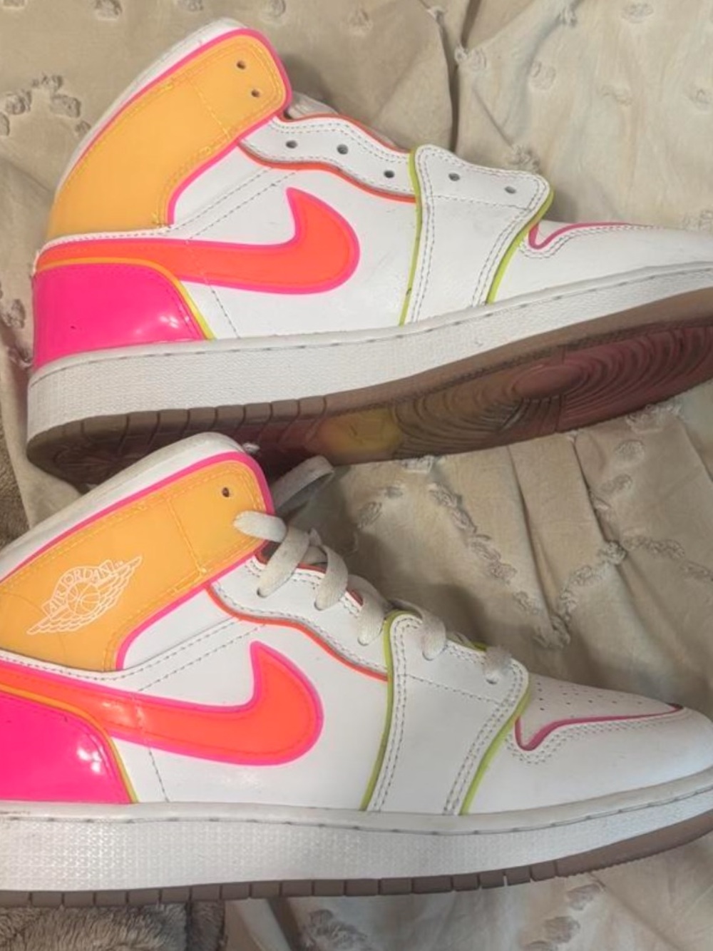 Nike Kids White Sneakers with Neon Pink, Neon Orange & Lime Trim